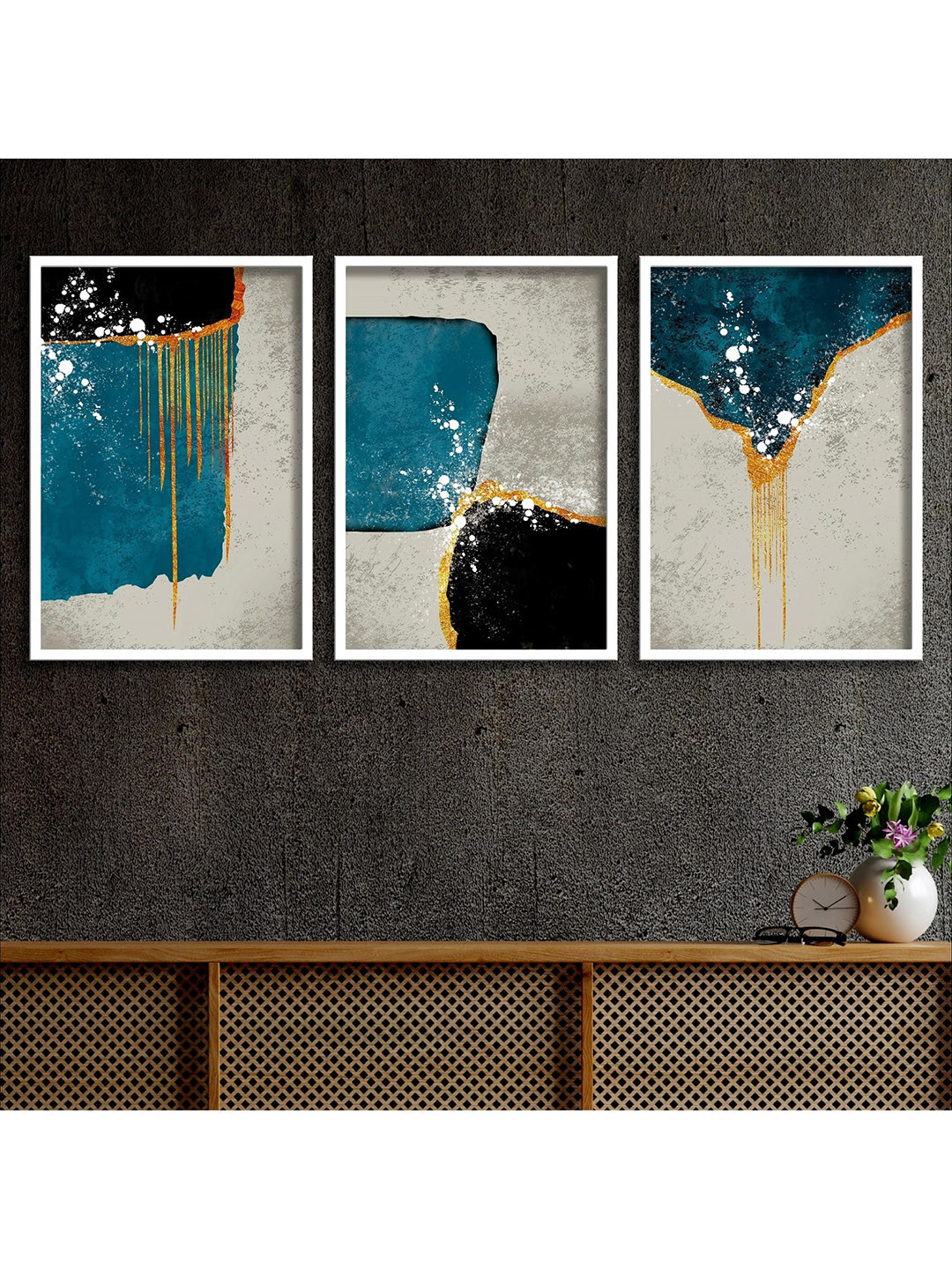 SAF Set of 3 Blue & Black Abstract Wall Art