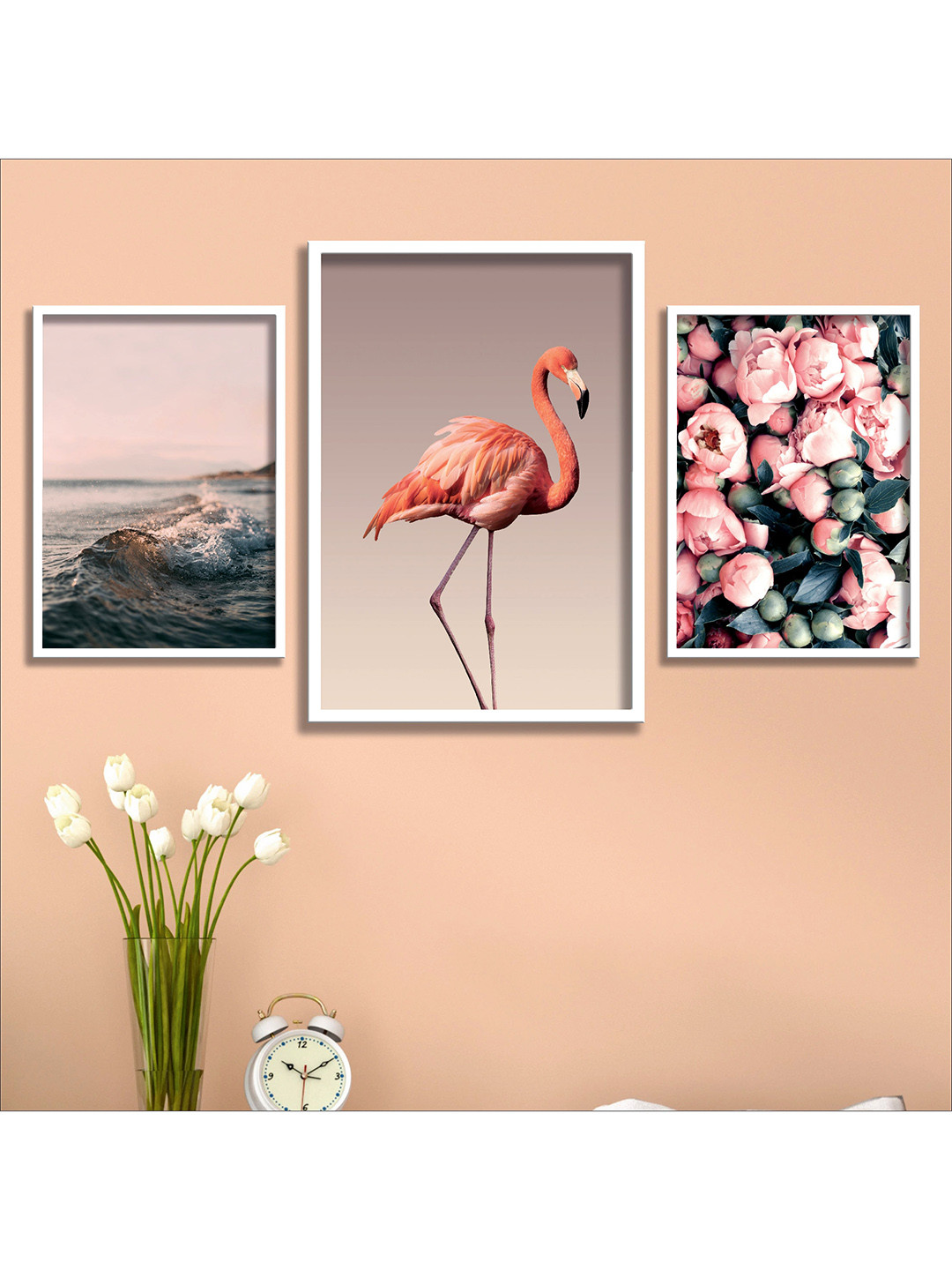 SAF Pink Pack Of 3 Digital Printed Framed Wall Painting
