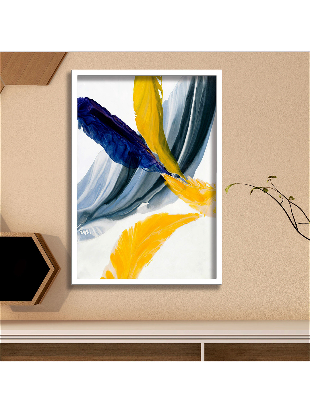 SAF Navy Blue & Yellow Printed Framed  Wall Art