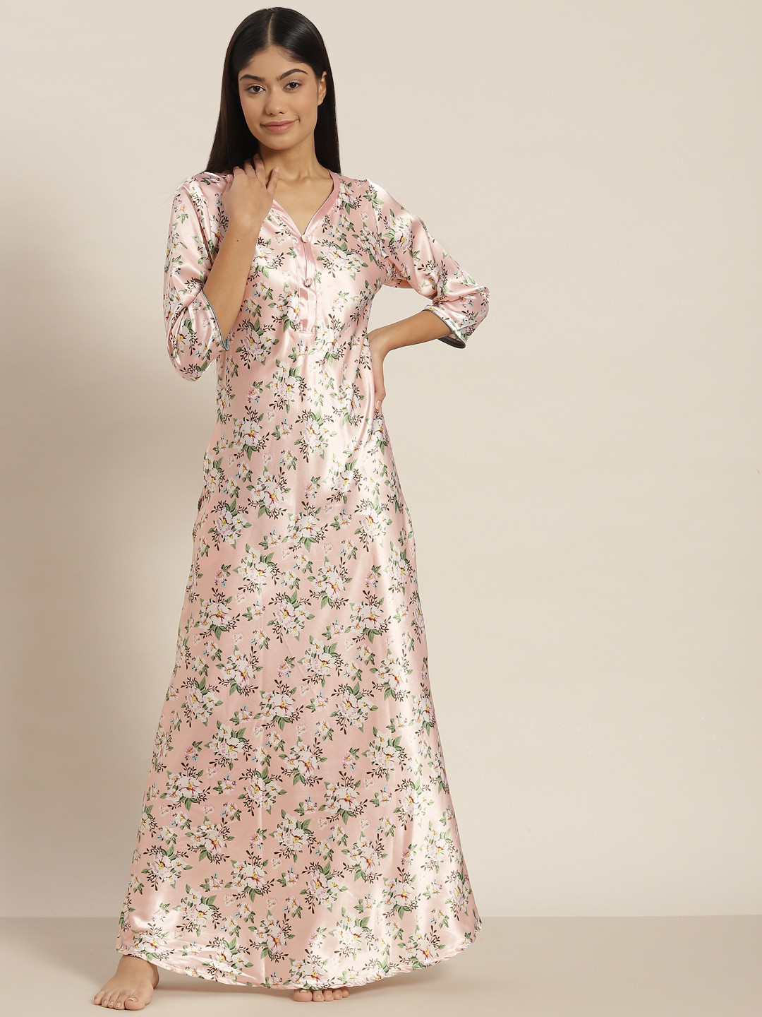 Sweet Dreams Peach-Coloured Floral Printed Maxi Nightdress