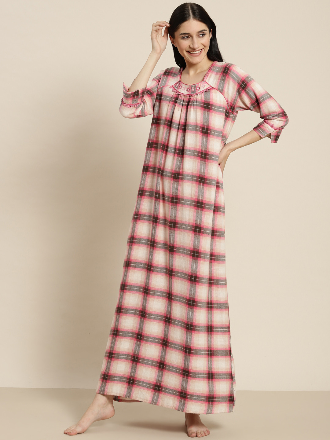 Sweet Dreams Cream-Coloured & Pink Pure Cotton Checked Maxi Nightdress