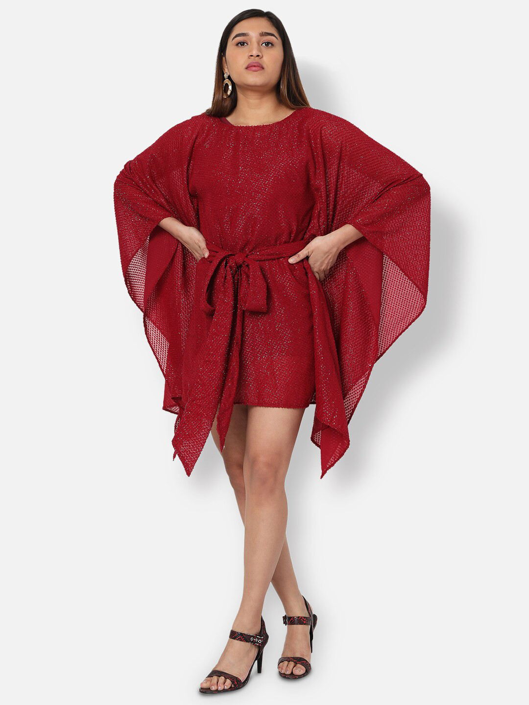 Ashtag Maroon Embellished Embroidered Kaftan Mini Dress
