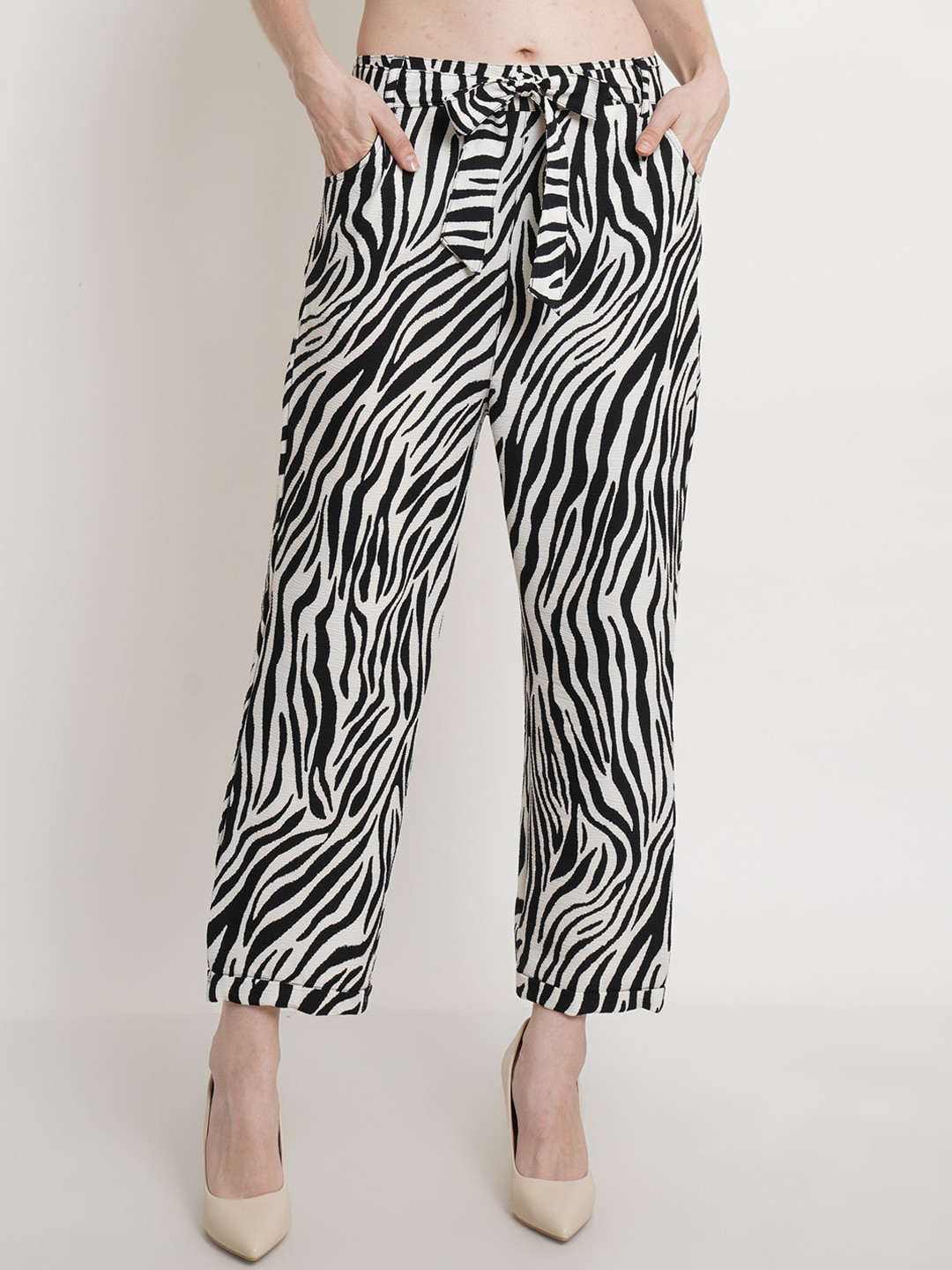 Popwings Women White Striped Relaxed Animal Zebra Printed Trouser