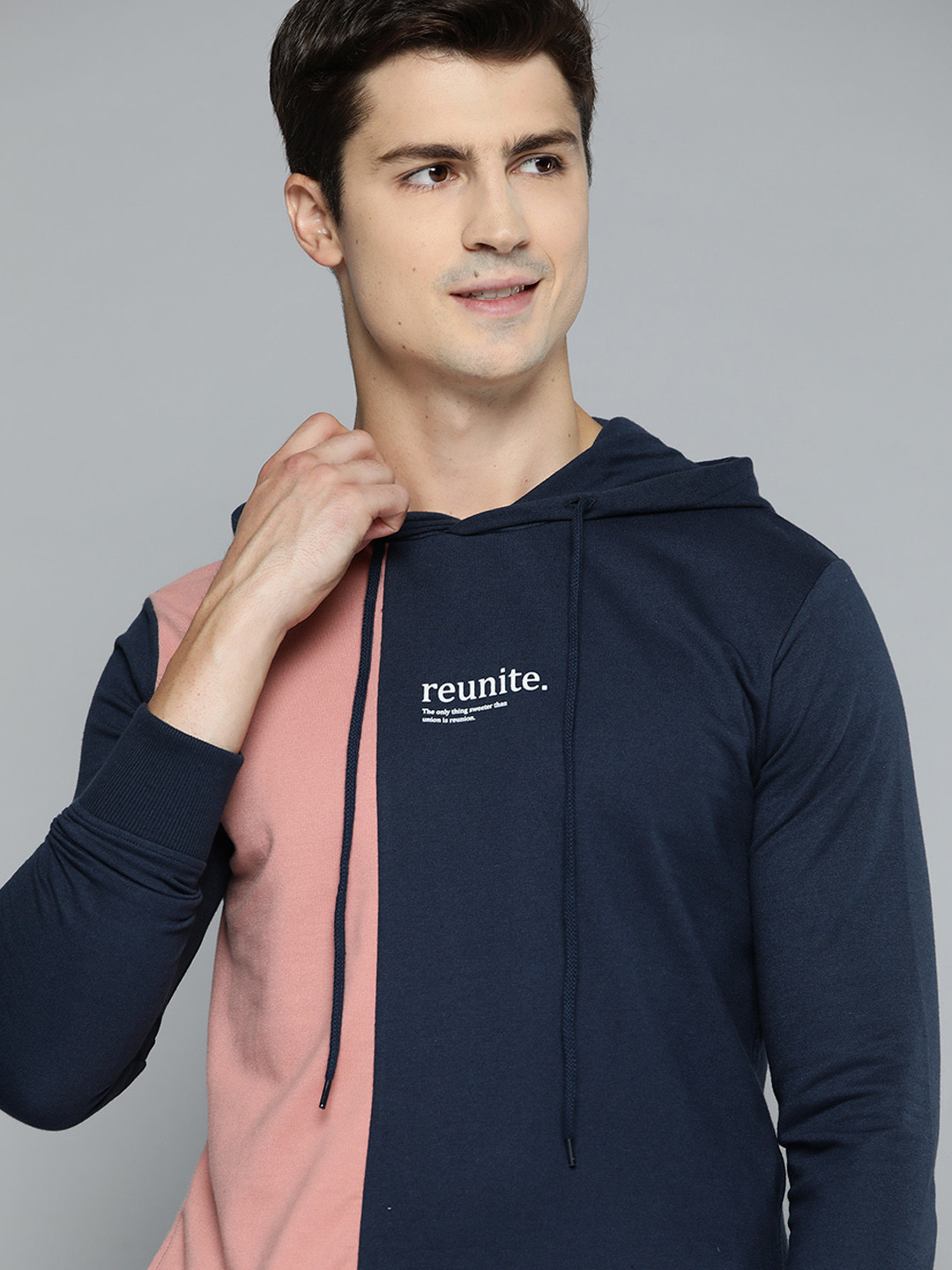 Mast & Harbour Men Navy Blue & Dusty Pink Colourblocked Hooded Sweatshirt