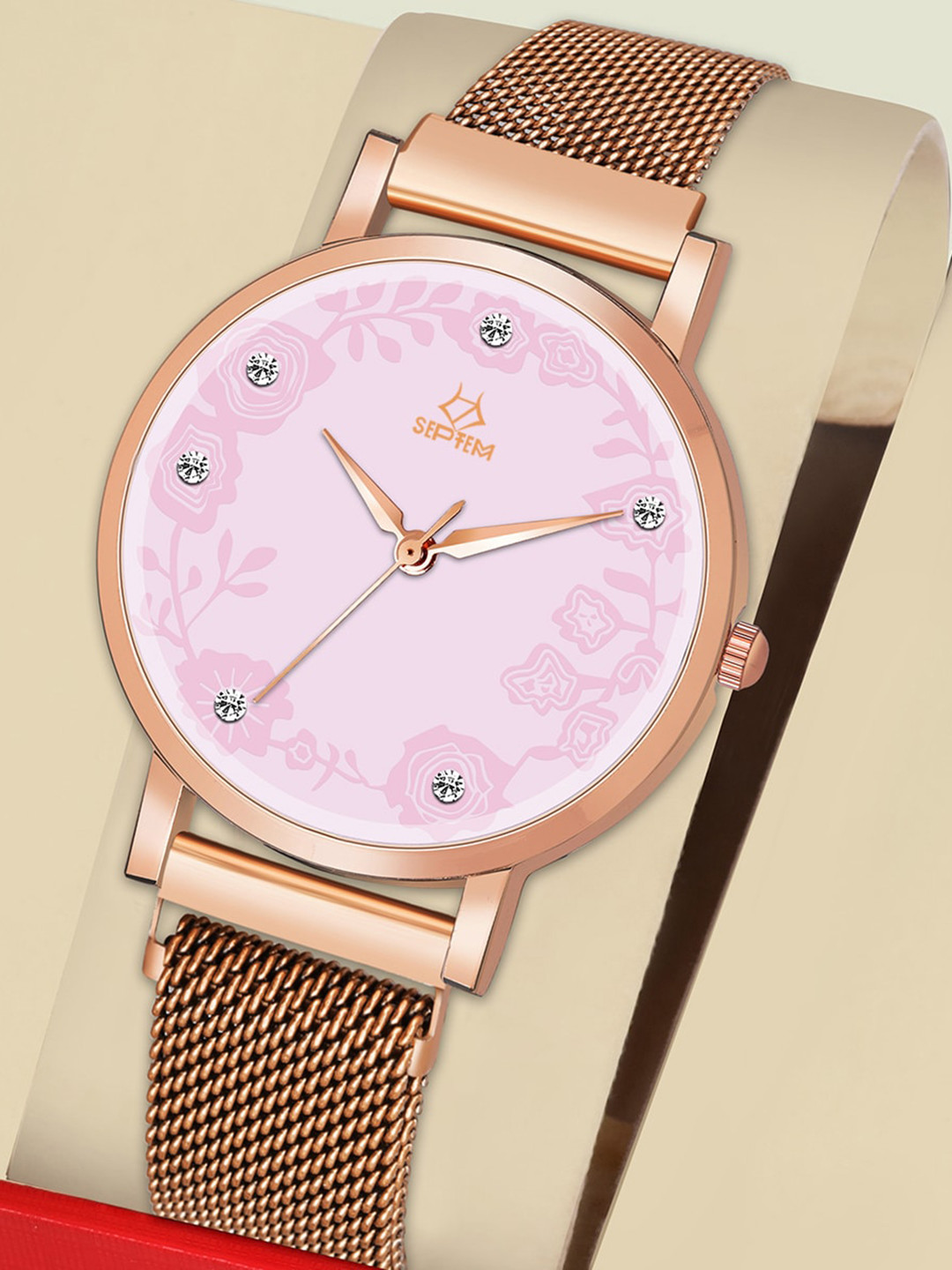 Septem Women Pink Patterned Dial & Rose Gold Toned Stainless Steel Bracelet Style Straps Analogue Watch SP-147.Pink-Septem-Pink