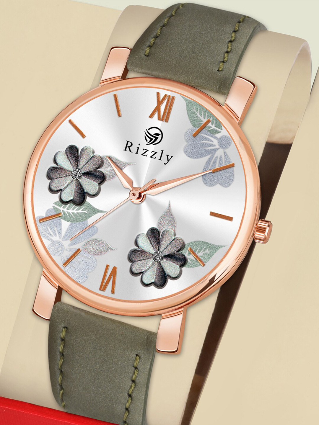 Septem Women Green Floral Dial & Green Leather Straps Analogue Watch SP-151 Green-Septem