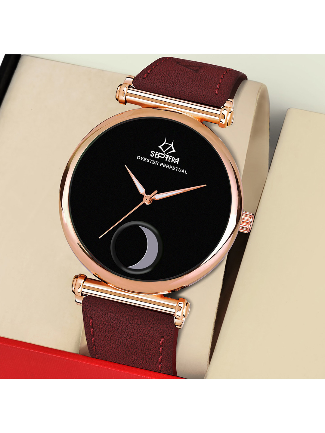 Septem Men Black Printed Dial & Red Leather Straps Analogue Watch SP-301 Black-Septem