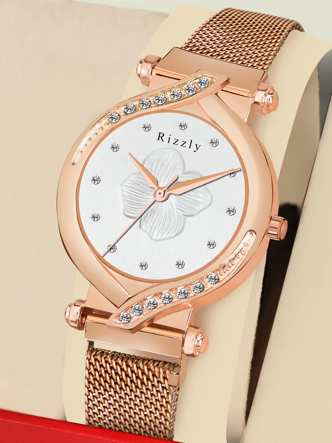 Septem Women White Embellished Dial & Rose Gold Stainless Steel Bracelet Straps SP-141