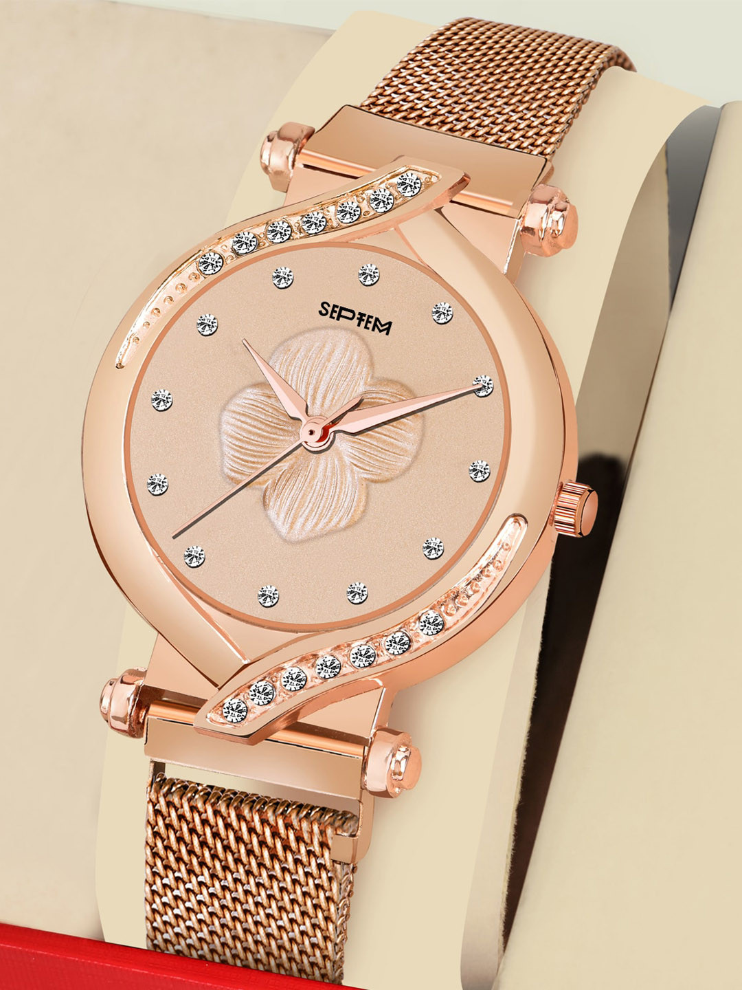 Septem Women Rose Gold-Toned Embellished Dial & Rose Gold Toned Stainless Steel Bracelet Style Straps Watch