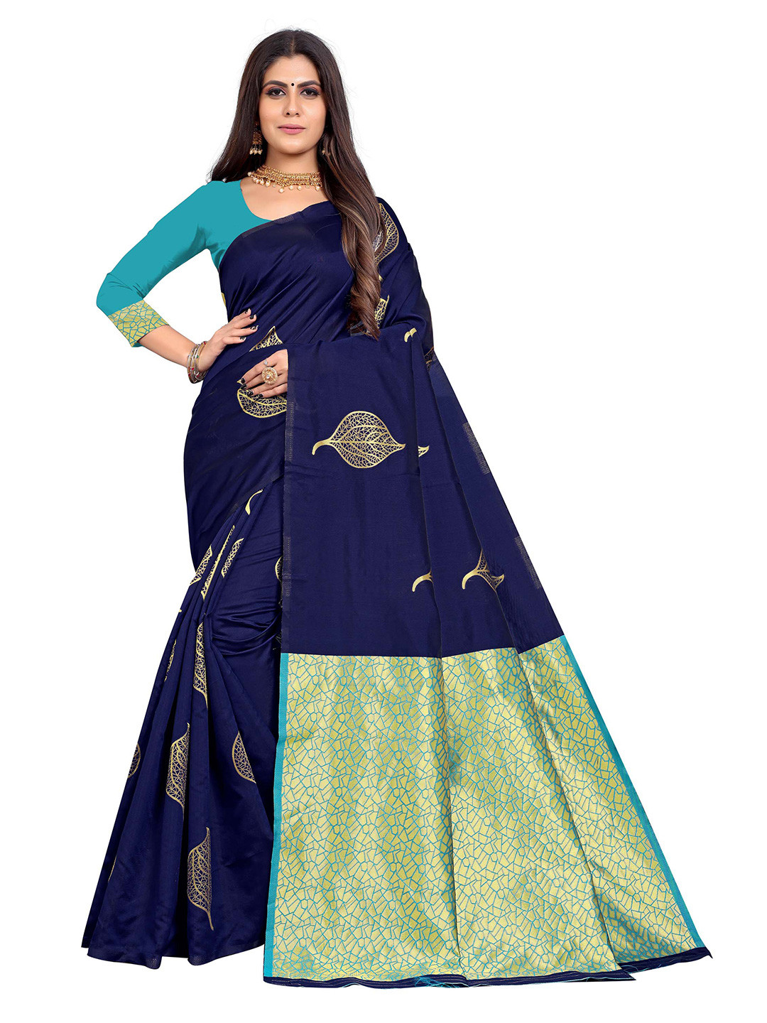 Kuvarba Fashion Blue & Green Floral Zari Silk Blend Saree