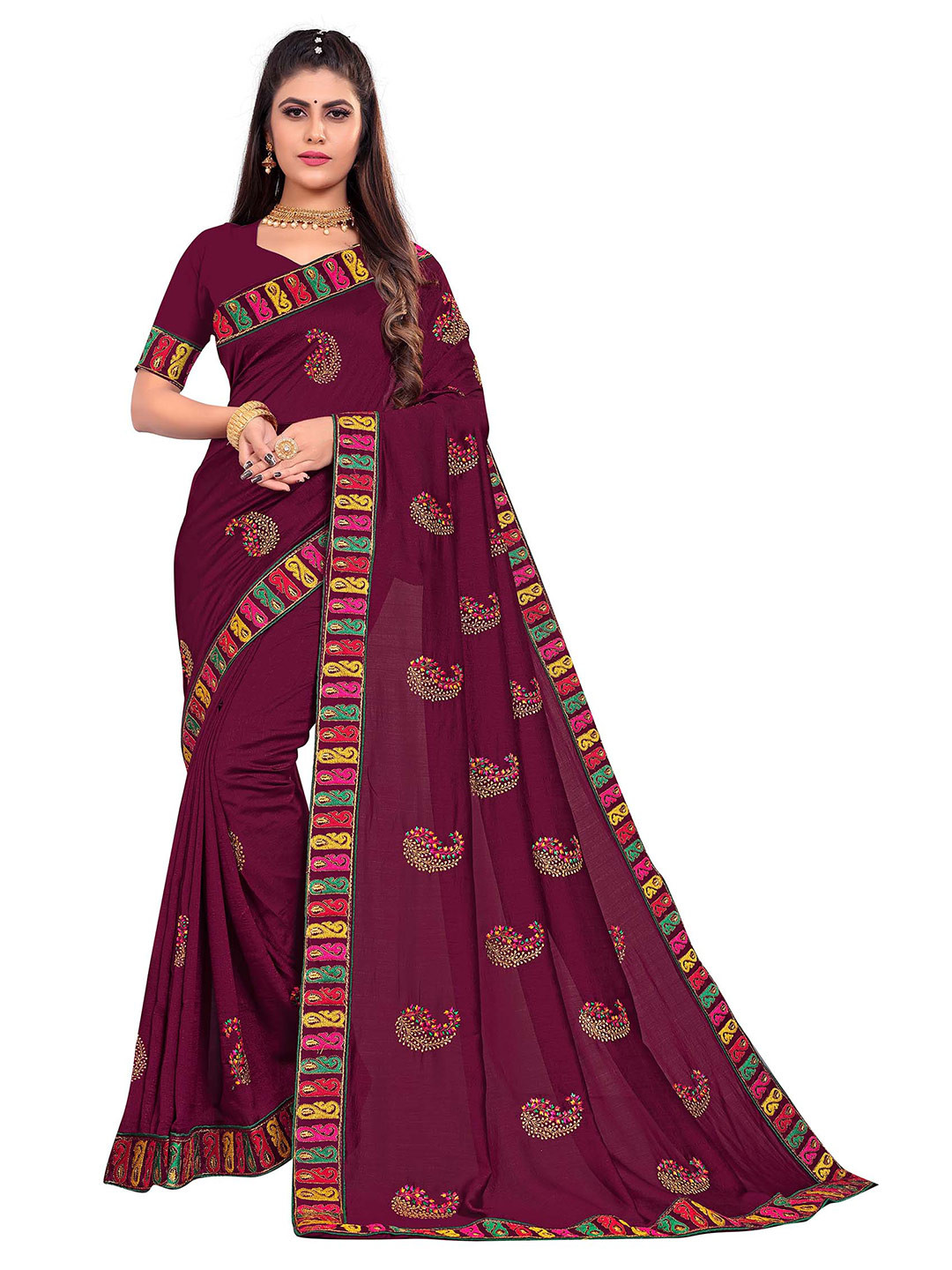 Kuvarba Fashion Purple & Red Paisley Embroidered Silk Blend Saree