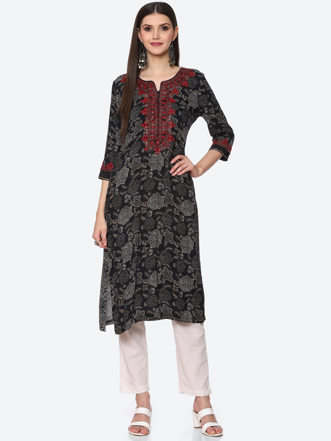 Biba Women Black & White Floral Printed Kurta