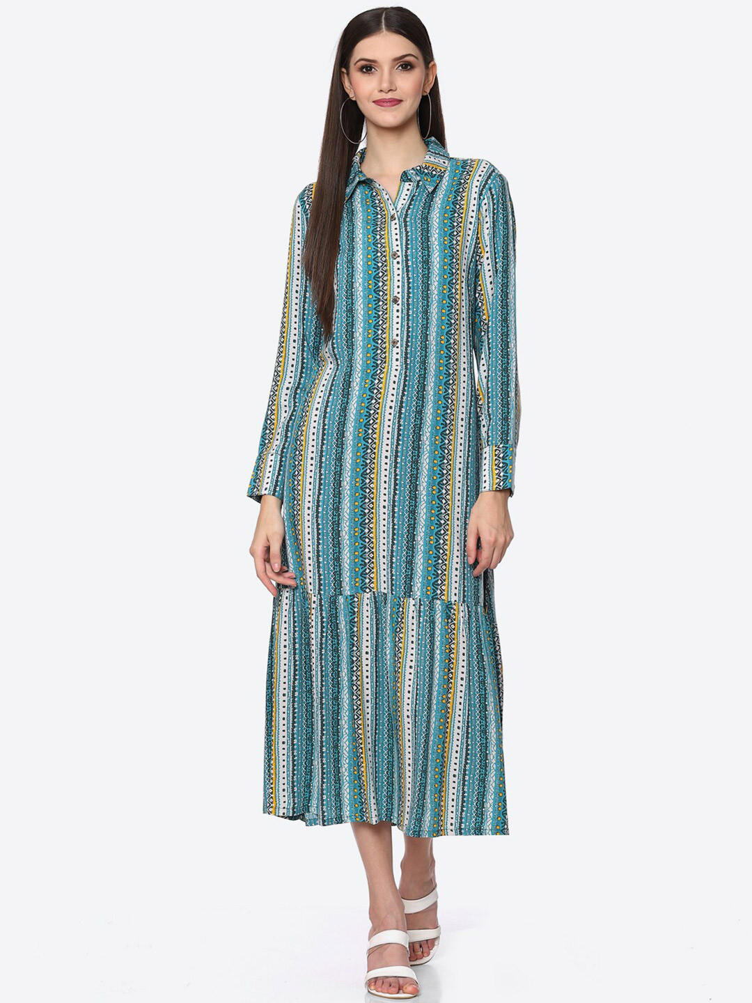 Biba Women Blue Geometric Printed Shirt Midi Dress