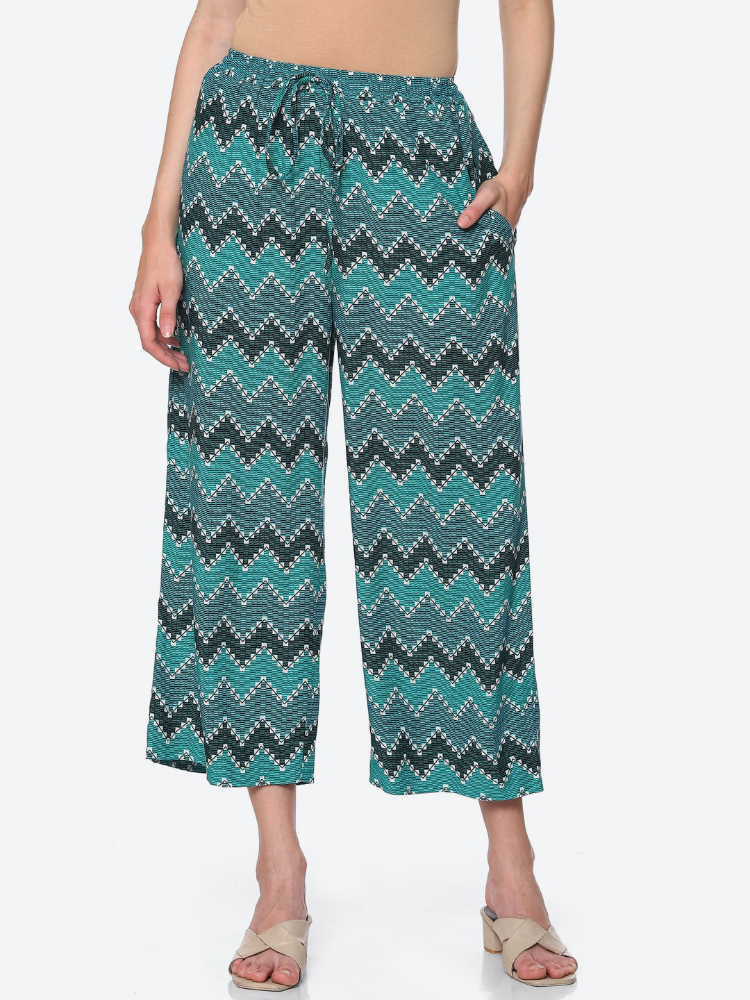 Biba Women Green & White Striped Cropped Palazzos
