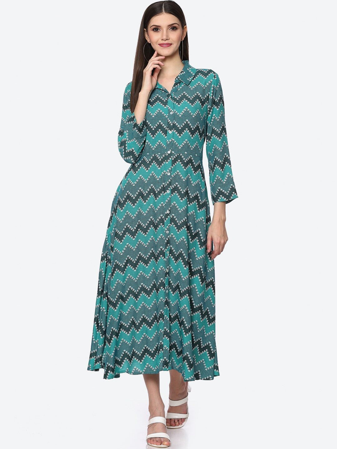 Biba Women Green Geometric Printed Midi Dress