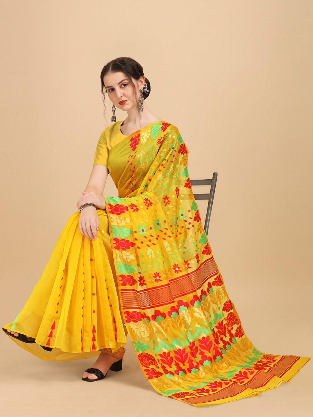 BESUCHER Yellow & Green Floral Zari Jamdani Saree
