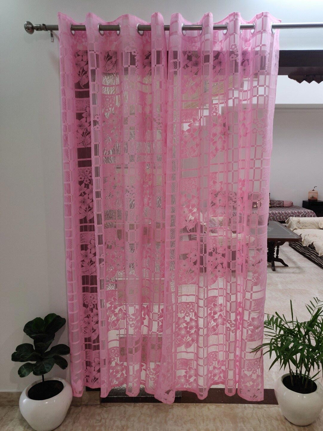 Homefab India Pink Floral Sheer Door Curtain