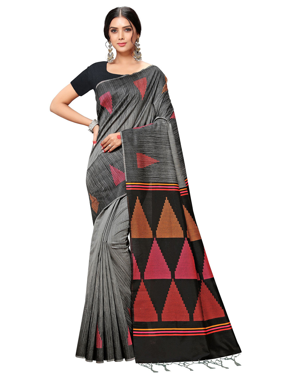 KALINI Grey & Red Pure Cotton Banarasi Saree