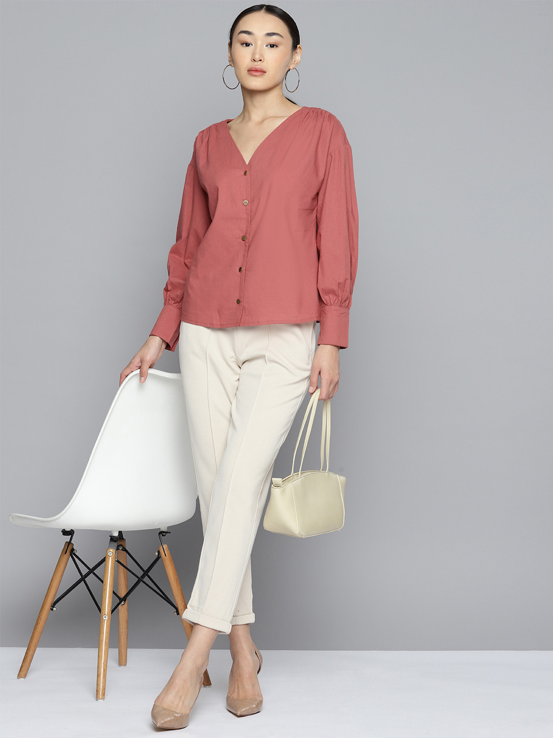 Chemistry Ruched Detailed V-Neck Puff Sleeves Pure Cotton Top