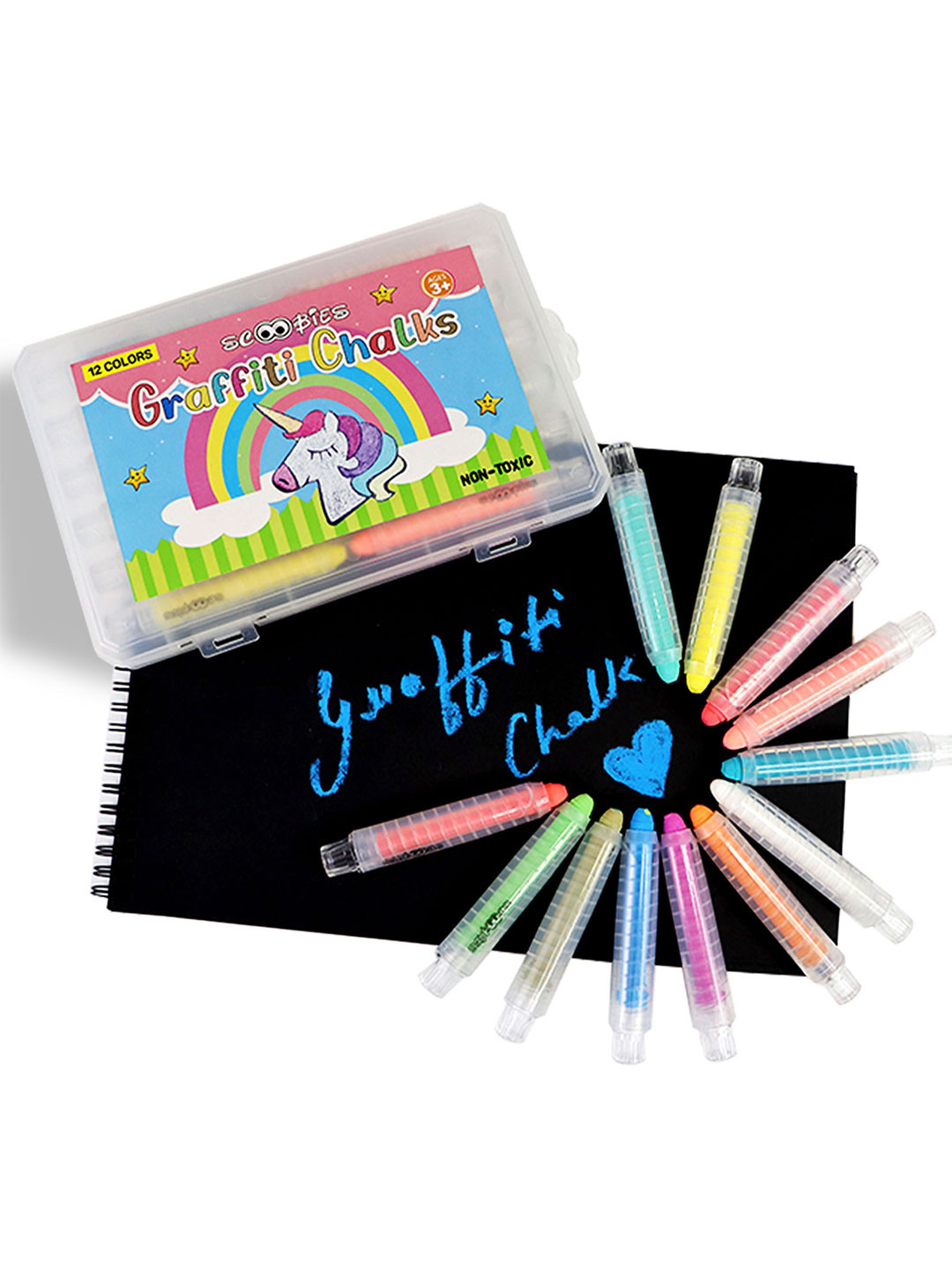 SCOOBIES Graffiti Chalks | 12 Non-Toxic Pastel Colors | Rotatable Case