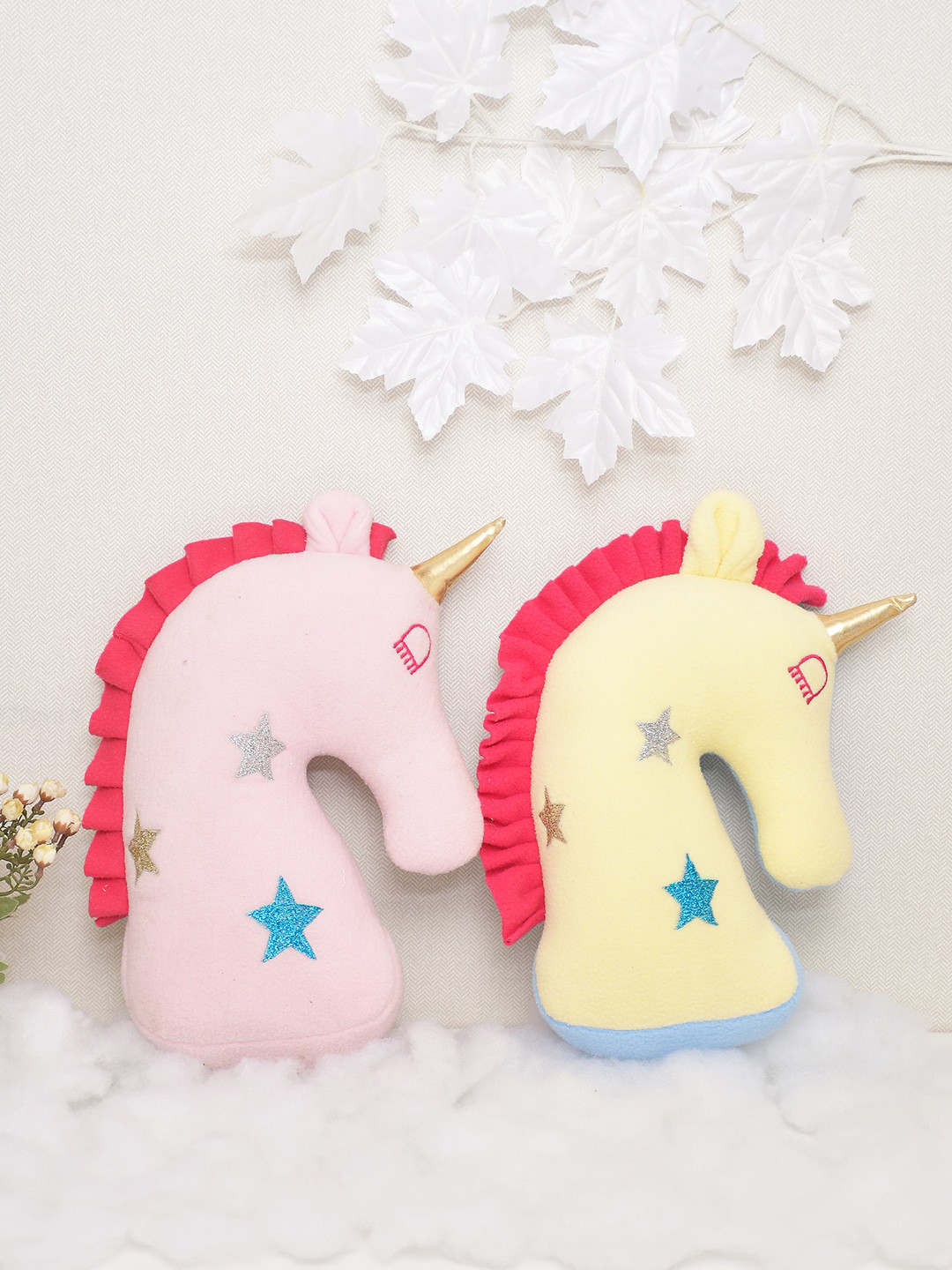 BLANC9 Kids Set Of 2 Pink & Yellow Embroidered Bell Unicorn-Shaped Cushion Insert