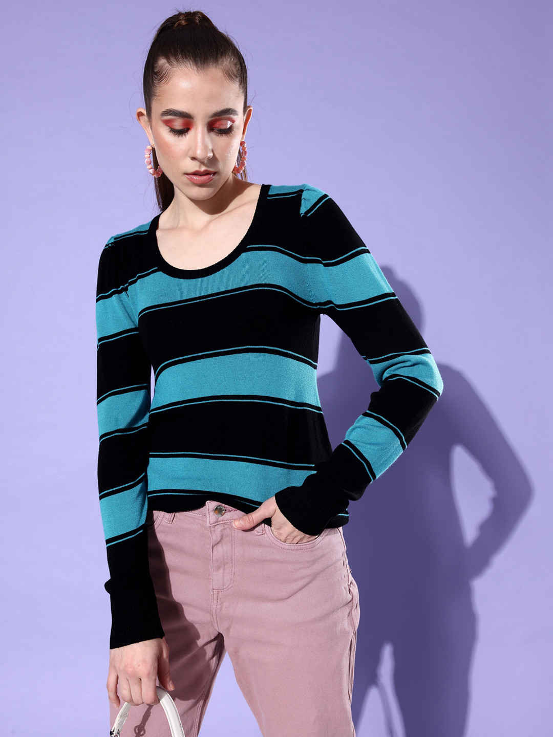 Mast & Harbour Women Black & Turquoise Blue Striped Scoop Neck Pullover