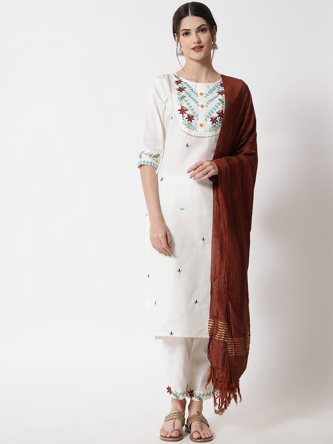 VredeVogel Women White Floral Embroidered Pure Cotton Kurti with Trousers & With Dupatta