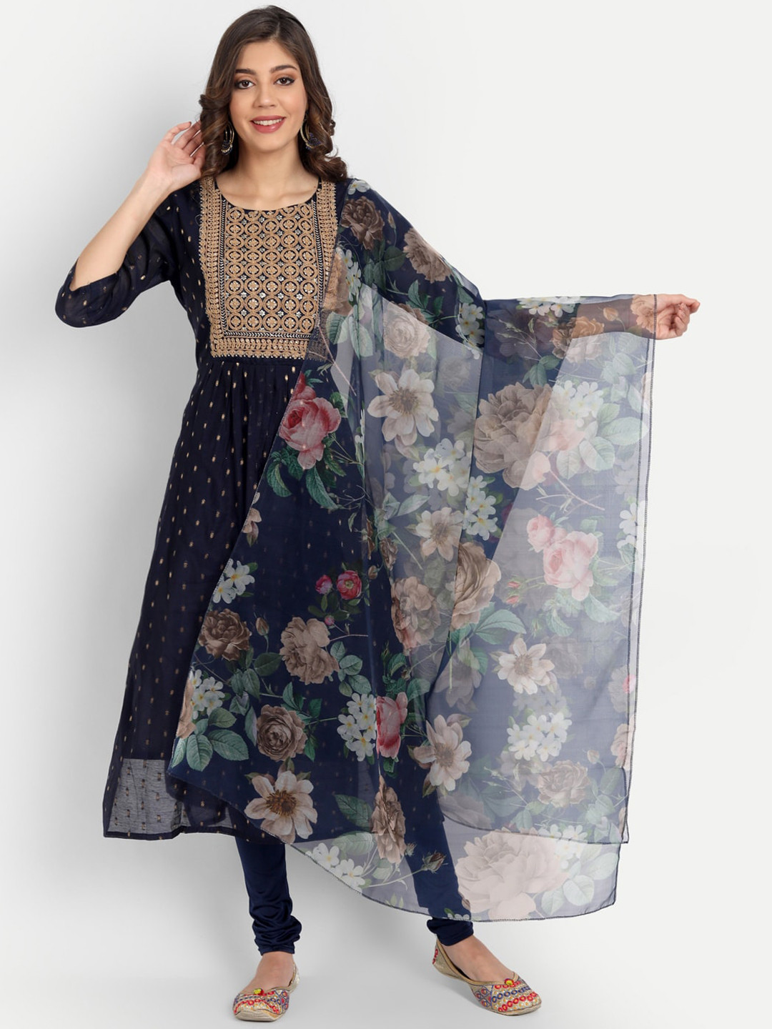 VredeVogel Women Blue Floral Embroidered Embellished Kurta With Churidar & With Dupatta