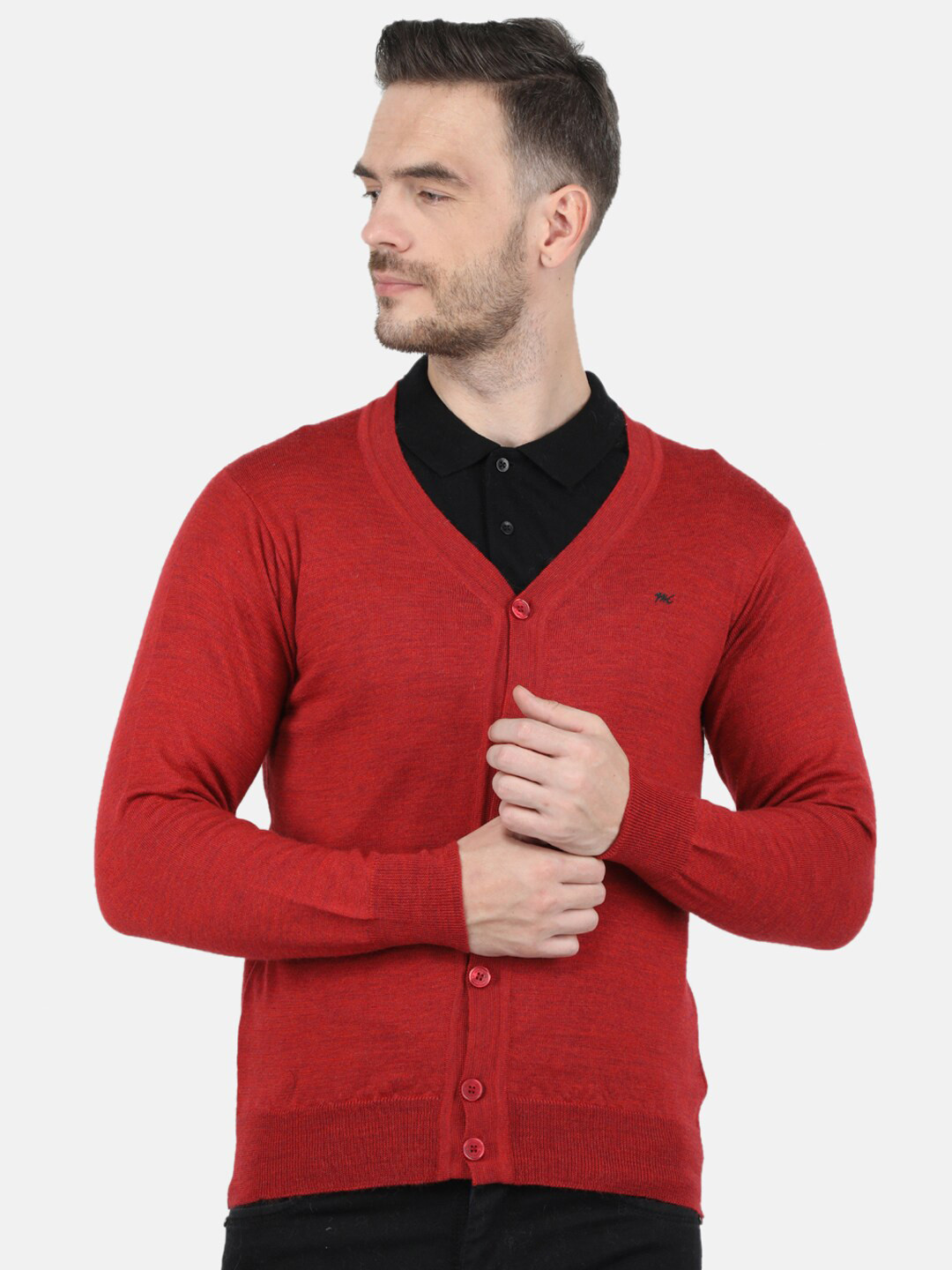 Monte Carlo Men Red  Pure Wool V-Neck Cardigan