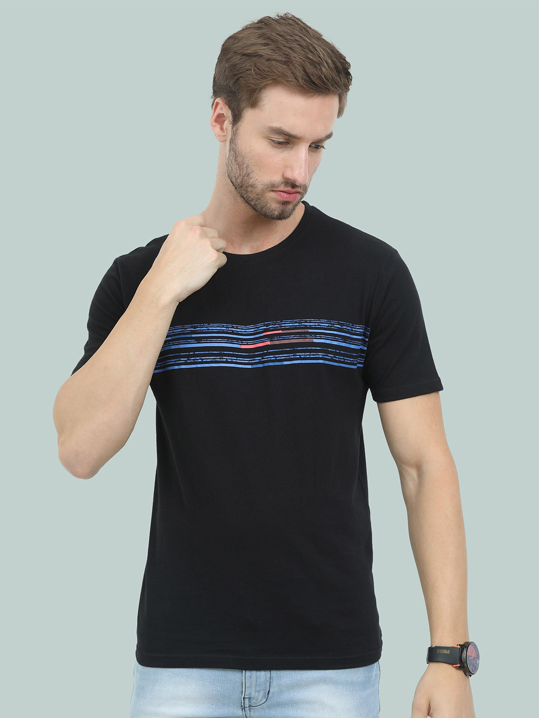 REYA Men Black Round Neck Cotton T-Shirt