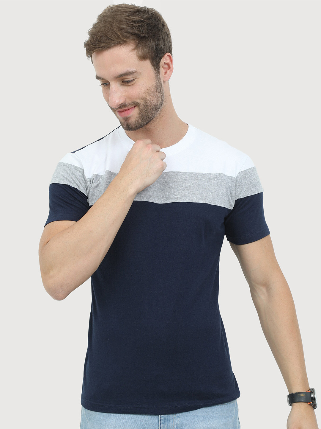 REYA Men Navy Blue Colourblocked Pure Cotton T-shirt