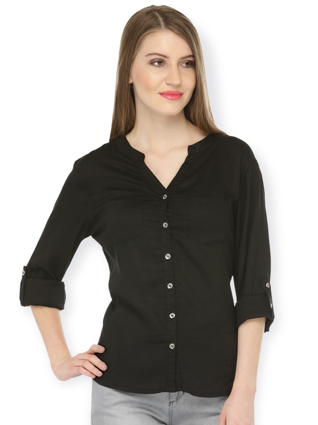Cation Women Black Relaxed Fit Solid Casual Shirt