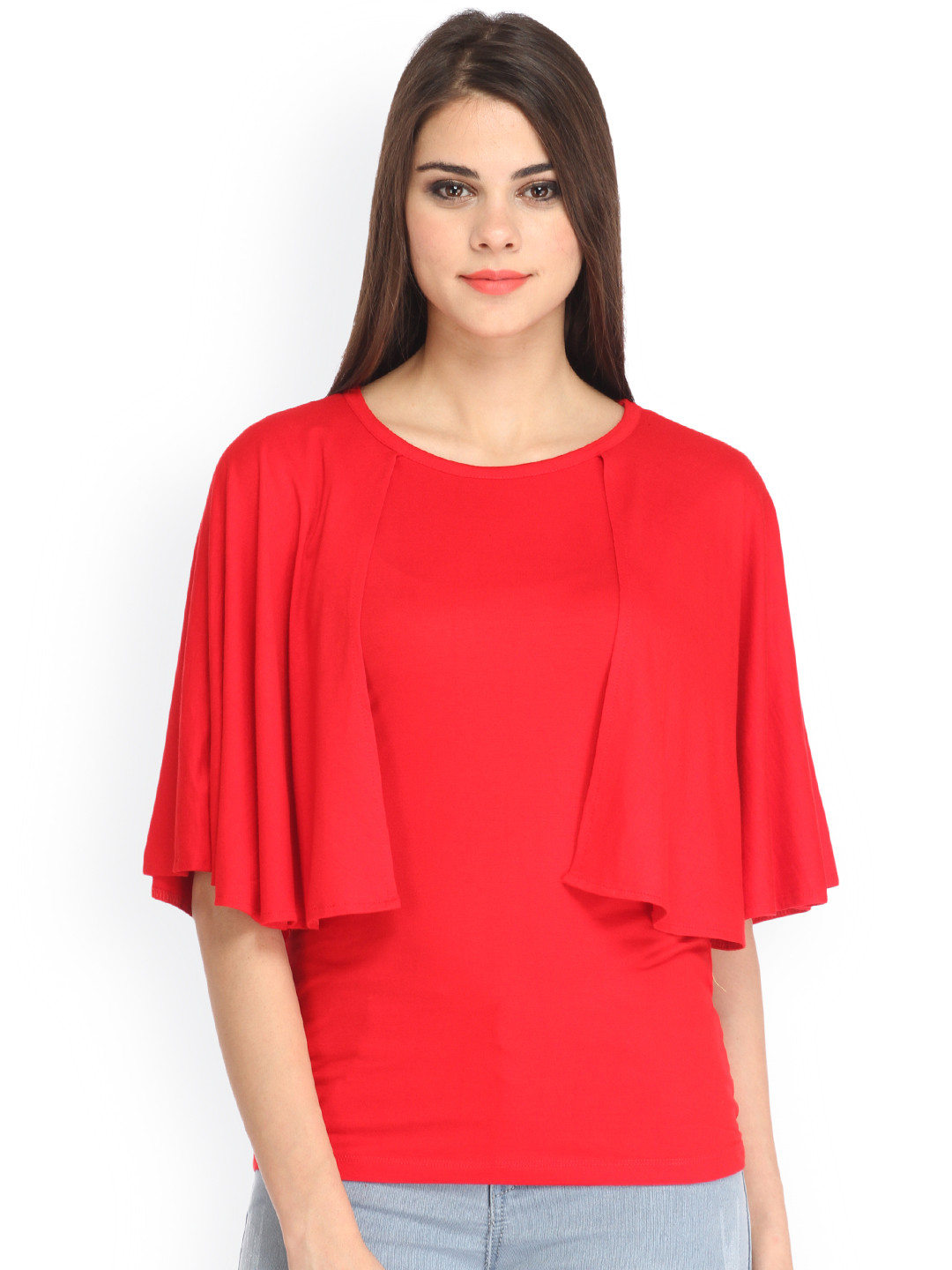 Cation Women Red Solid Cape Pure Cotton Top