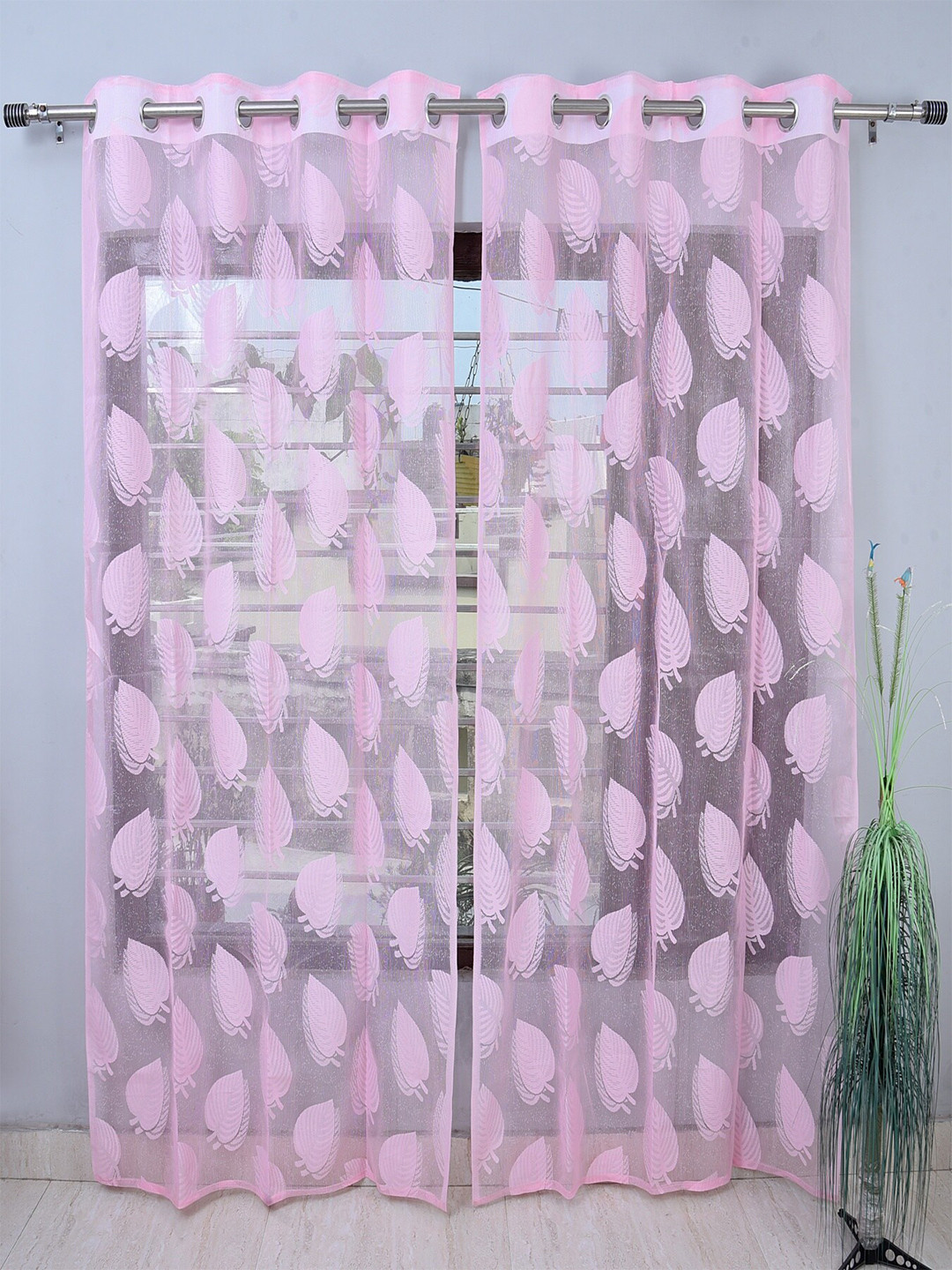 Homefab India Adults Pink Set of 2 Polyester Eyelet Door Sheer Curtains
