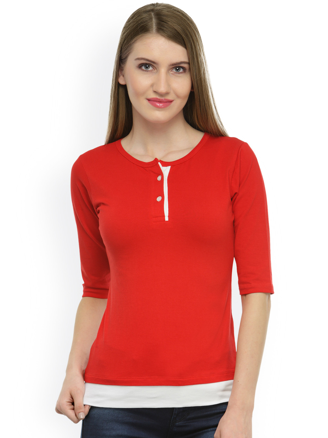 Cation Women Red Solid Henley Neck T-shirt