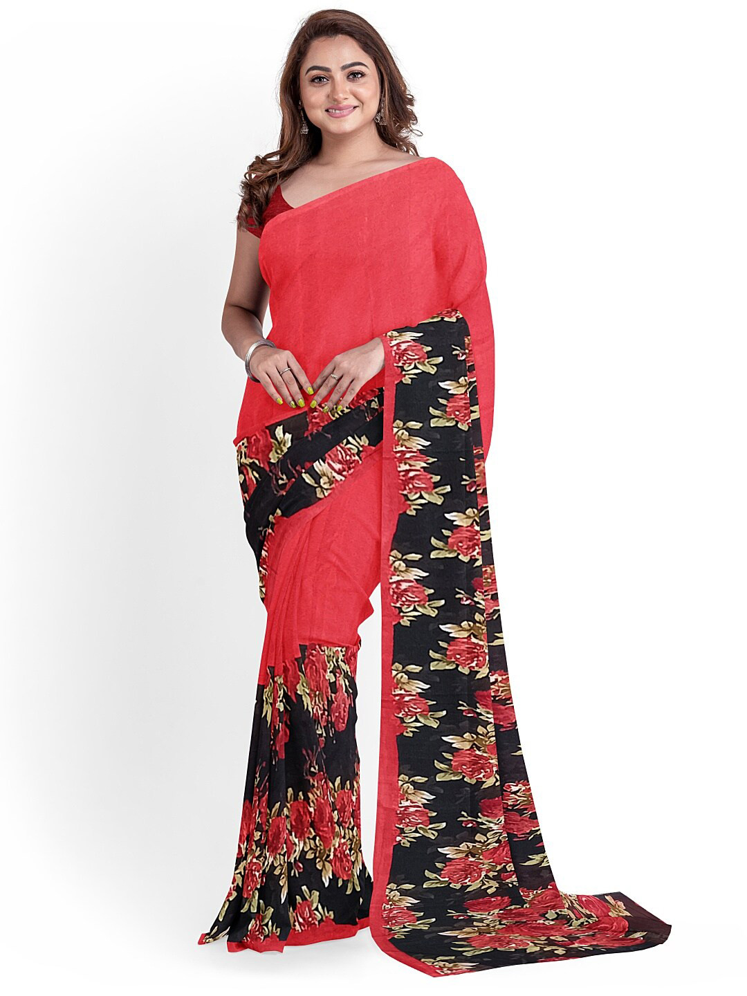 SAADHVI Red & Black Floral Pure Georgette Fusion Dharmavaram Saree