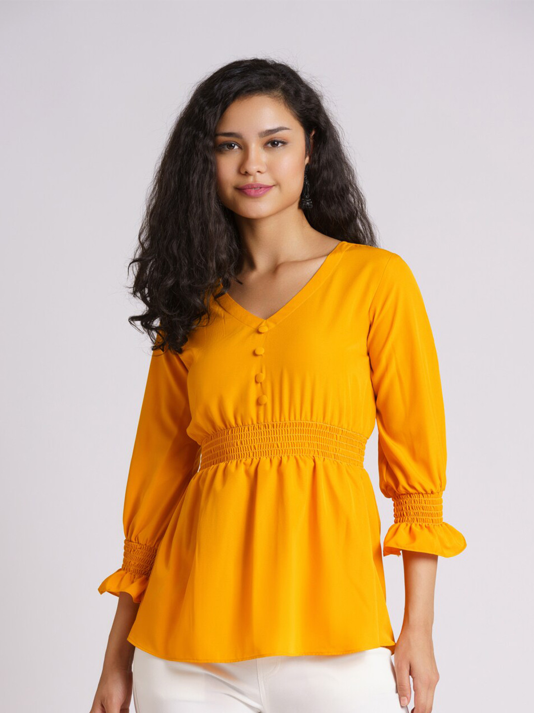 AASK Yellow Smocked Crepe Empire Top
