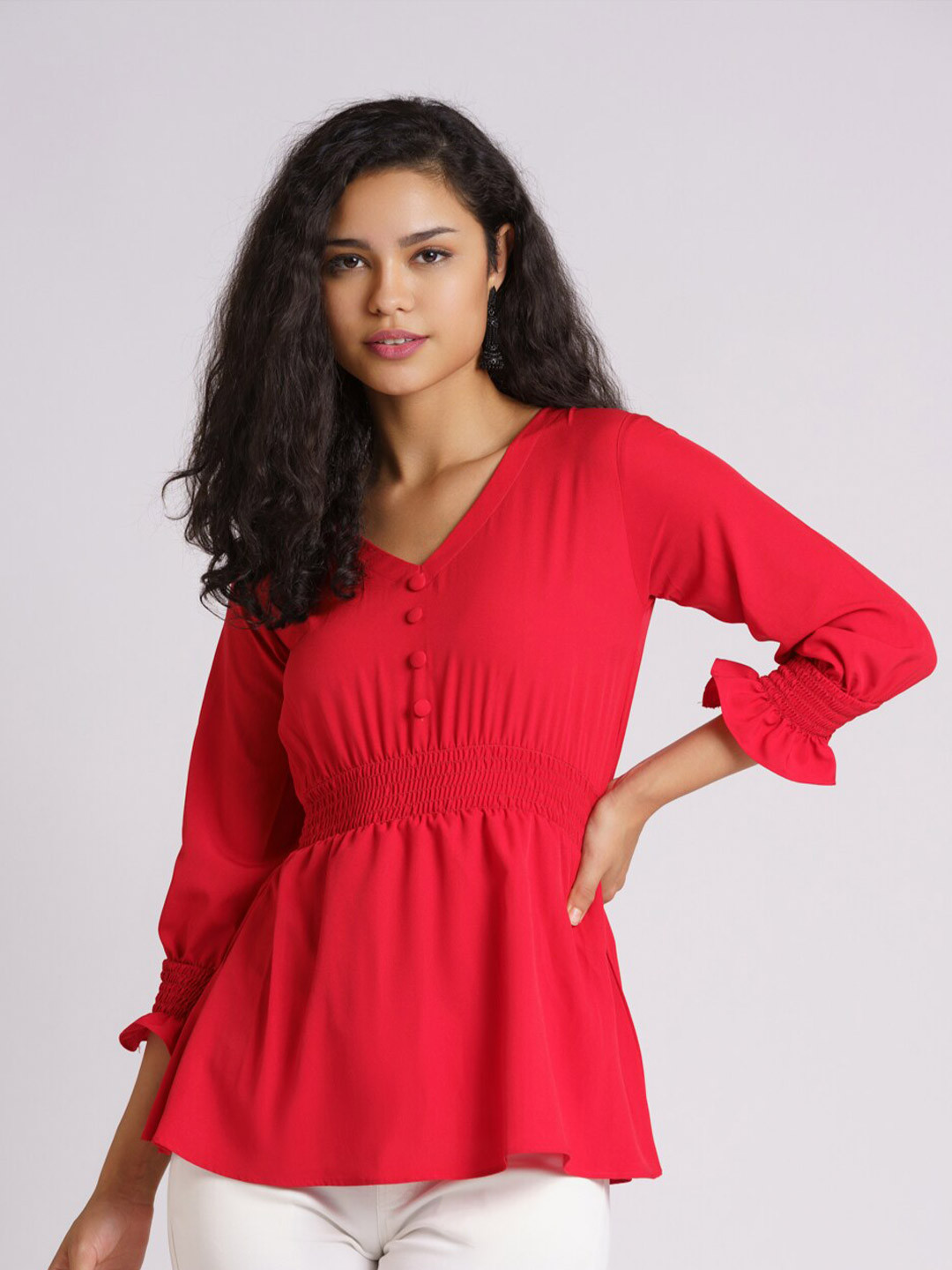 AASK Women Red Smocked V Neck Top