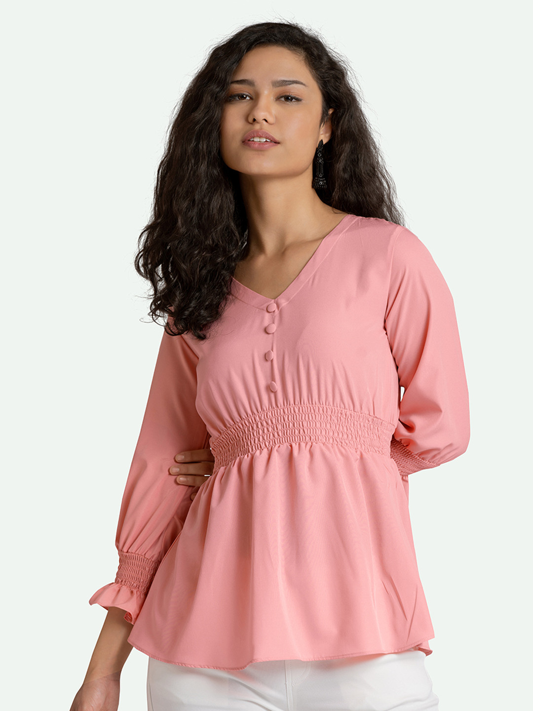 AASK Pink Smocked Crepe Empire Top