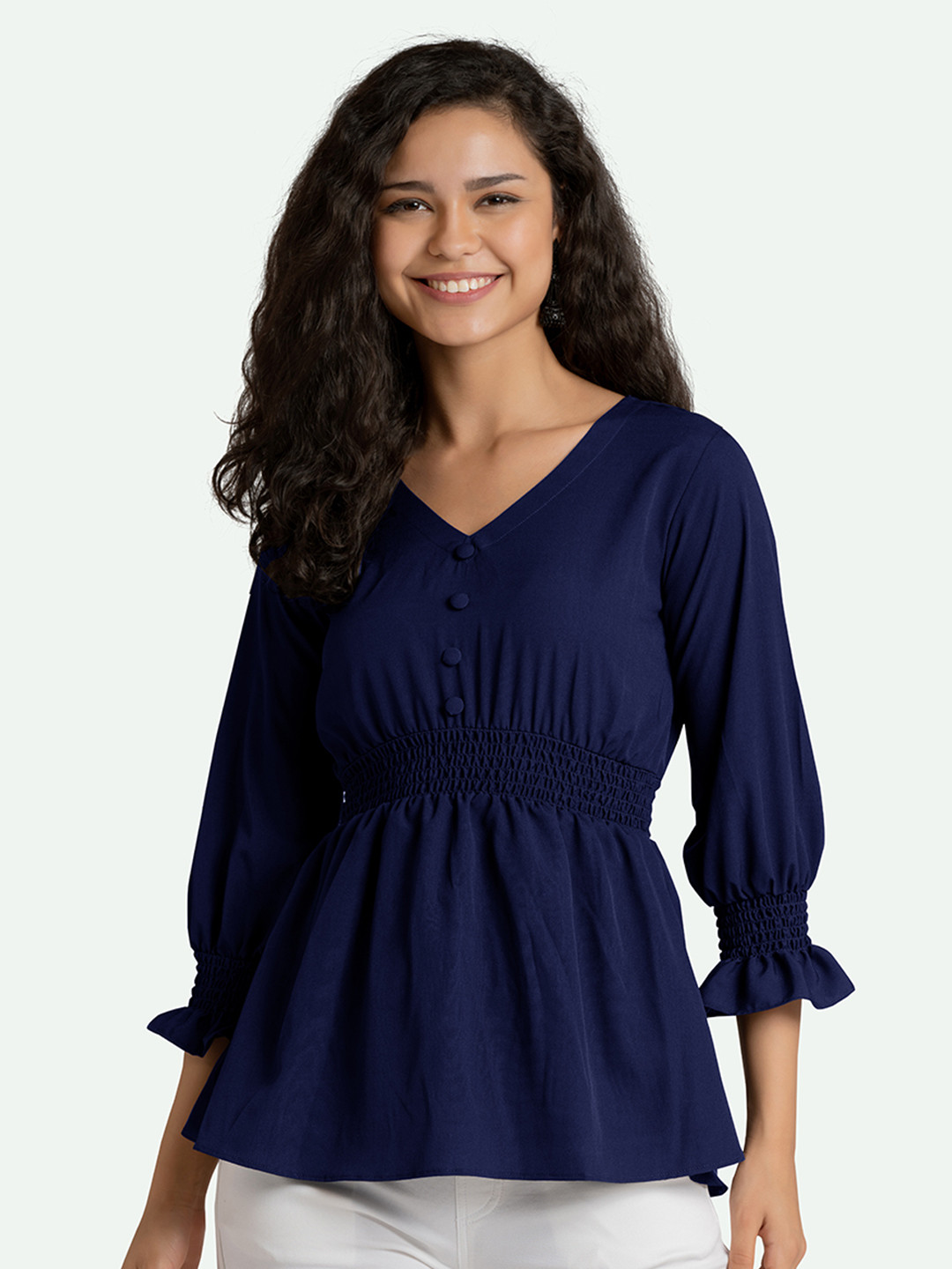 AASK Navy Blue Smocked Crepe Empire Top