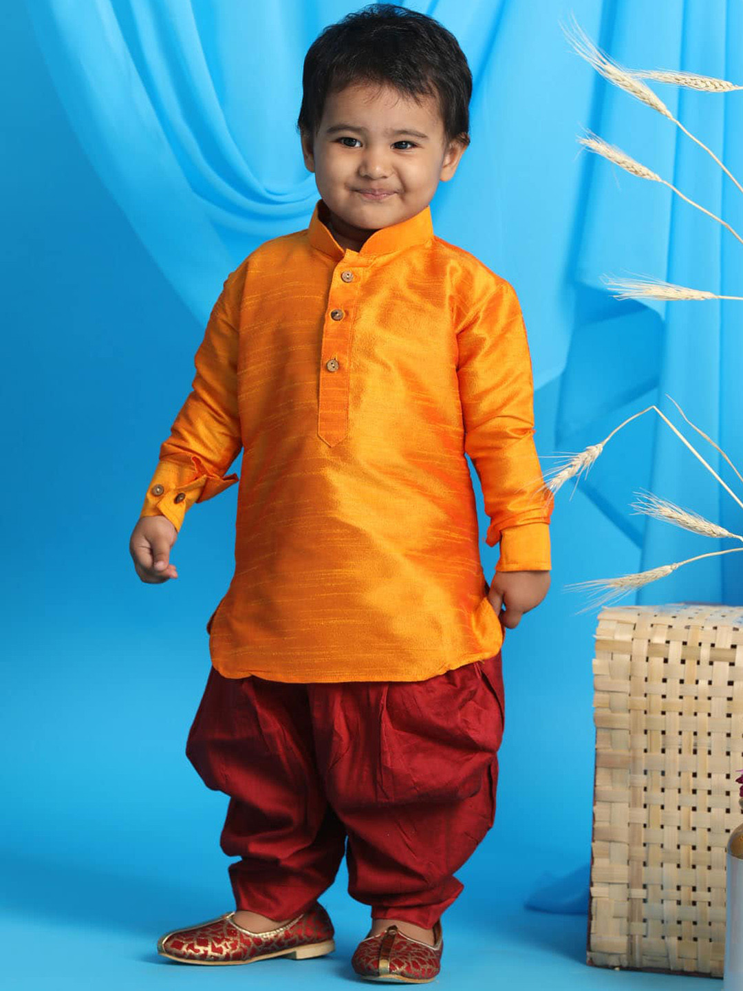 VASTRAMAY Boys Orange Kurta with Dhoti Pants