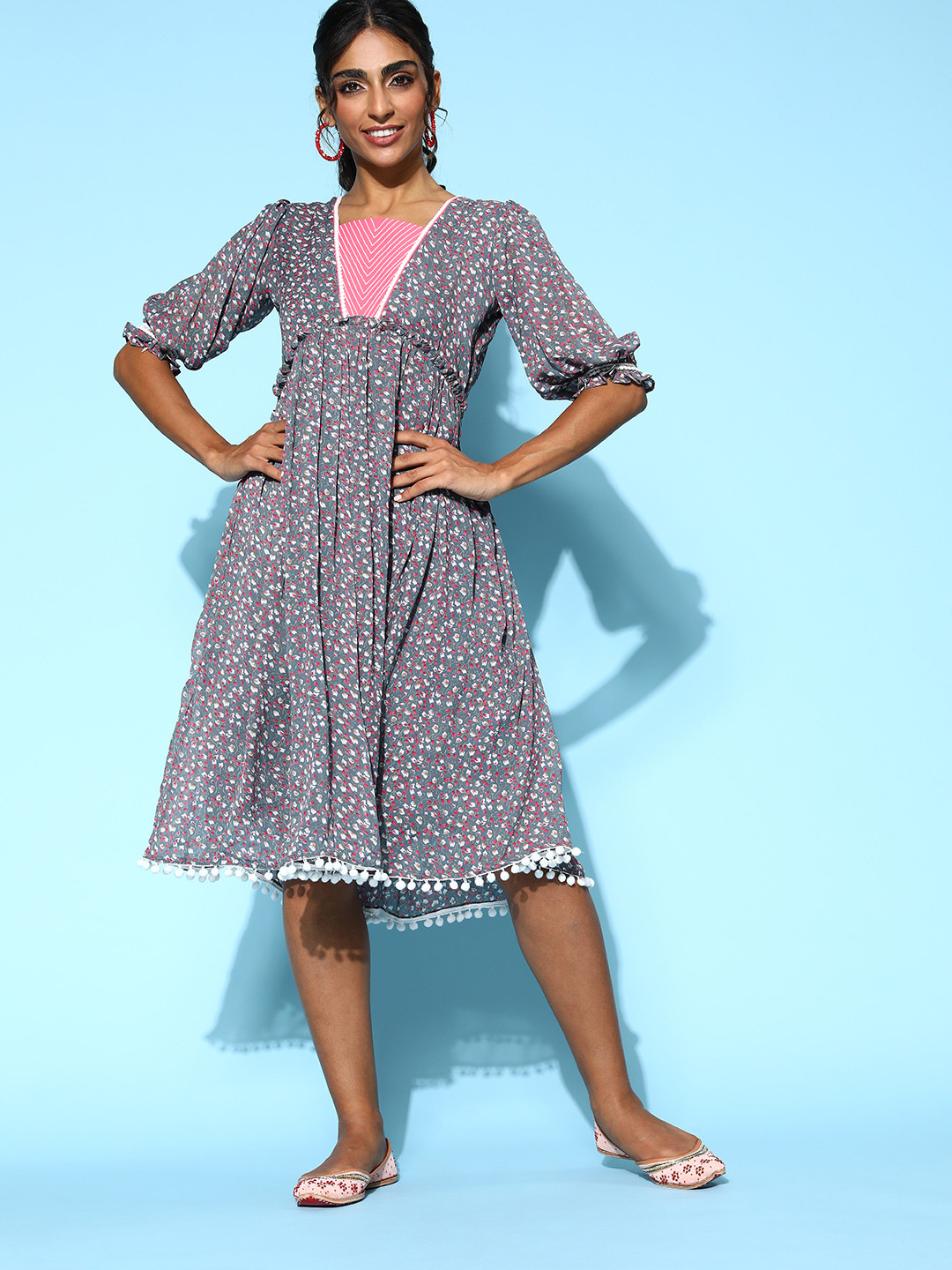 Kvsfab Women Attractive Grey Floral Indie Gal Dress