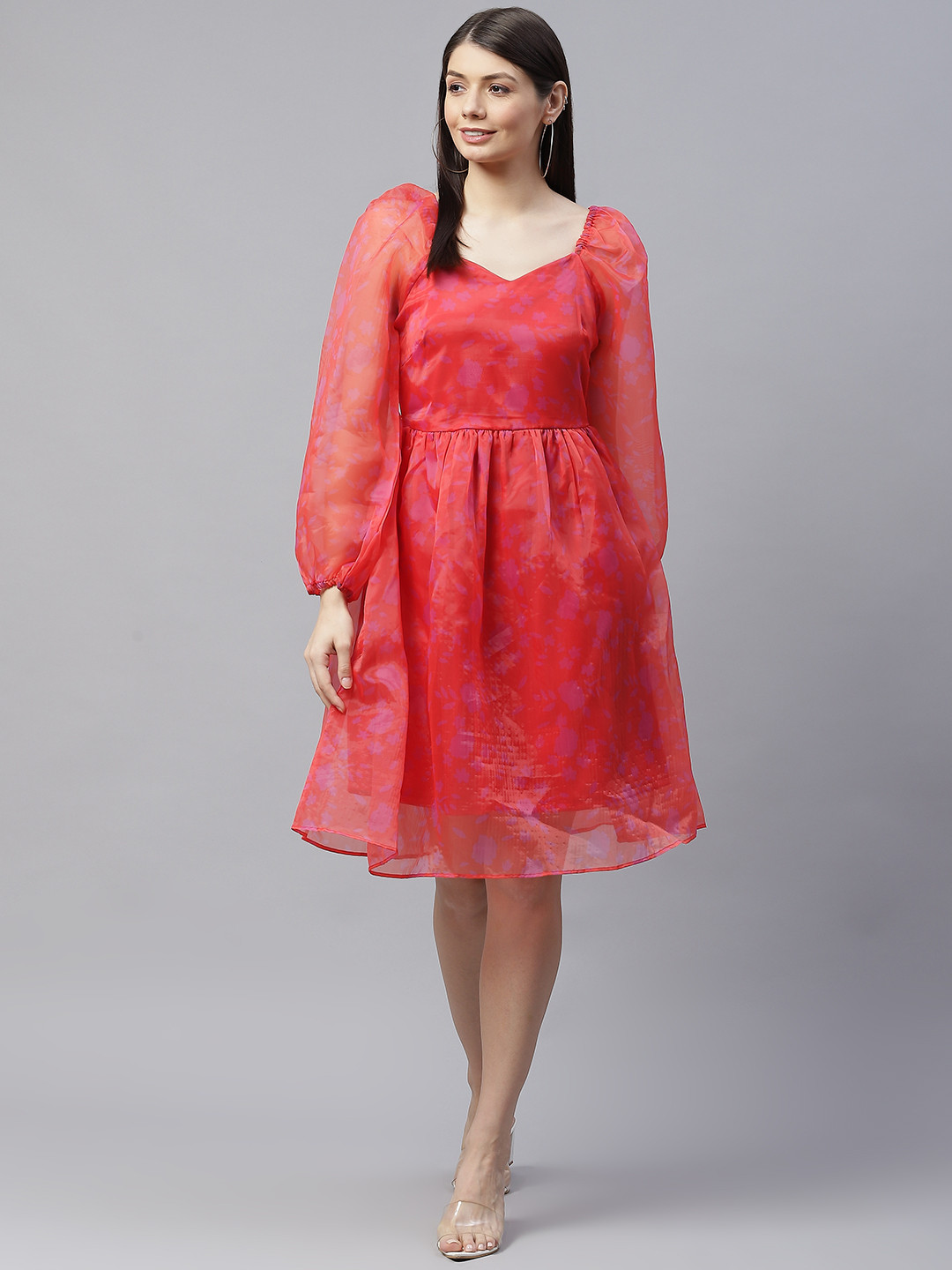 plusS Pink Floral Sweetheart Neck A-Line Dress