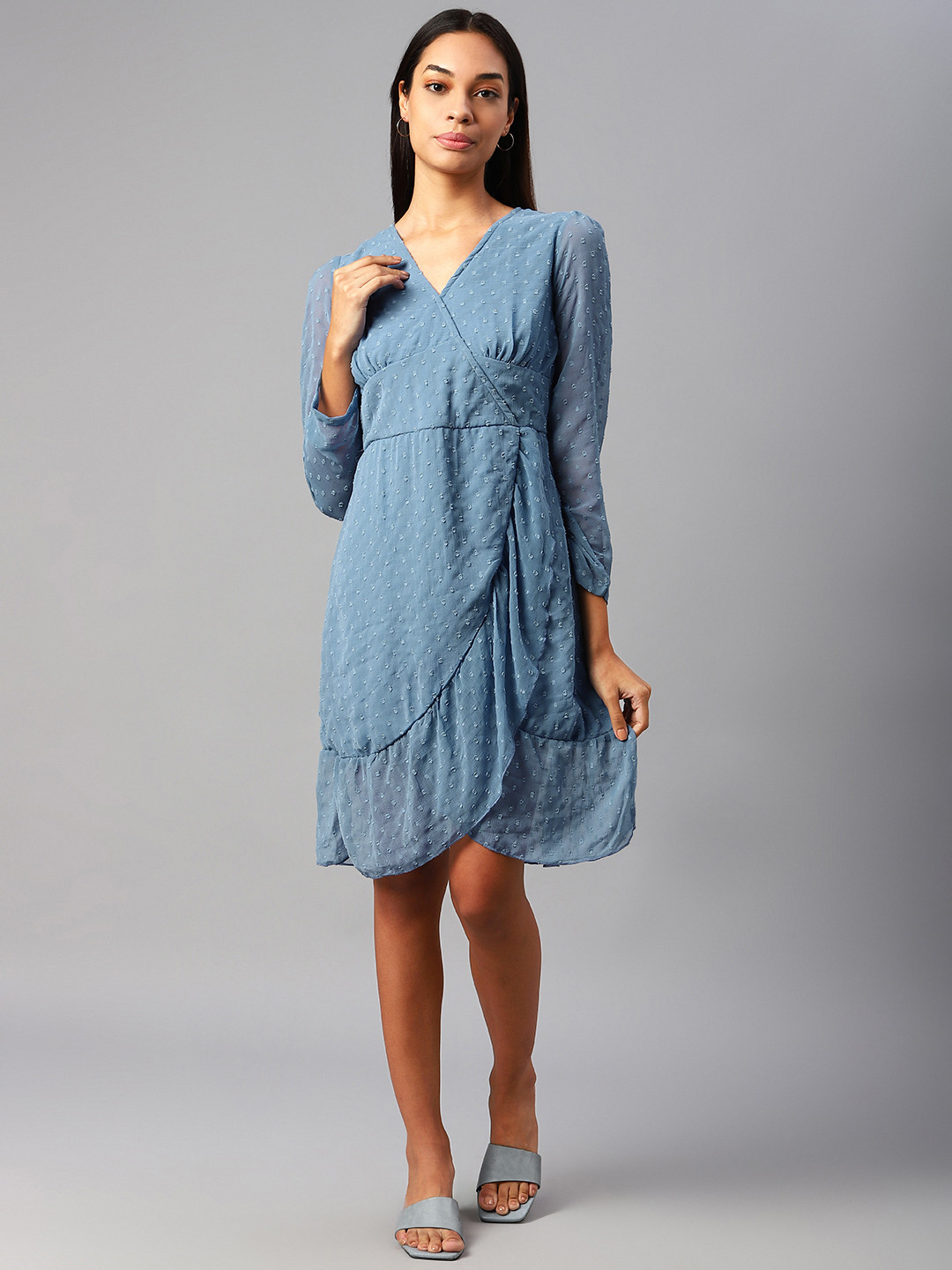 plusS Blue Self Design Wrap Dress