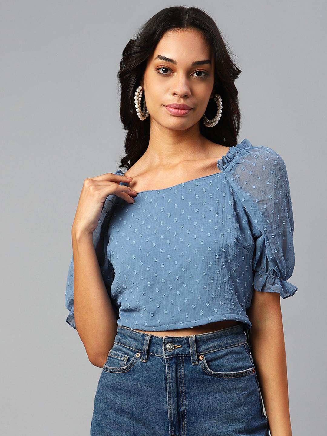 plusS Blue Self Design Puff Sleeves Crop Top