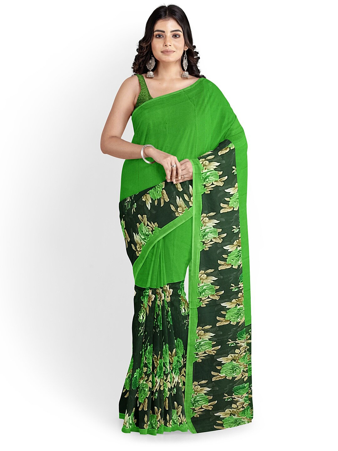 KALINI Women Green & Black Floral Printed Pure Georgette Fusion Saree