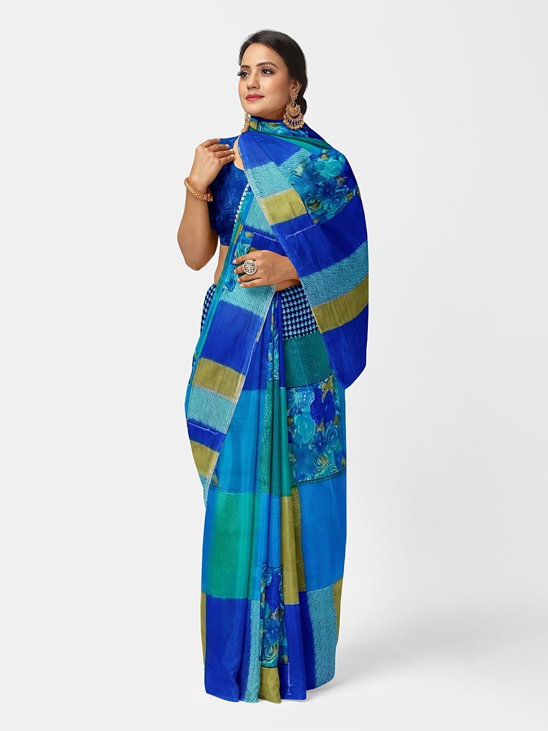 KALINI Blue & Green Ethnic Motifs Pure Georgette Fusion Dharmavaram Saree