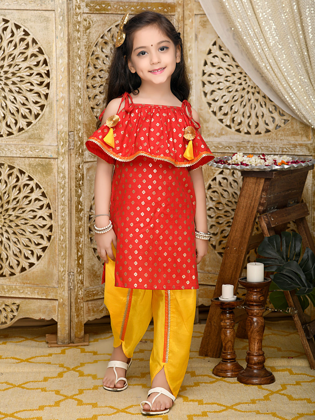 SAKA DESIGNS Girls Red Floral Kurta with Dhoti Pants