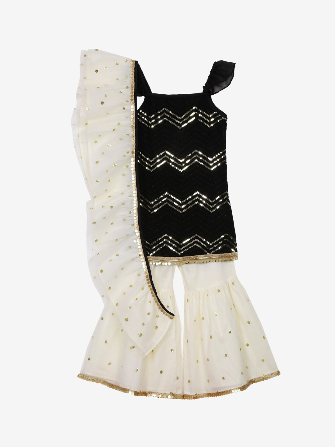 SAKA DESIGNS Girls Black Ethnic Motifs Embroidered Kurti with Sharara & With Dupatta