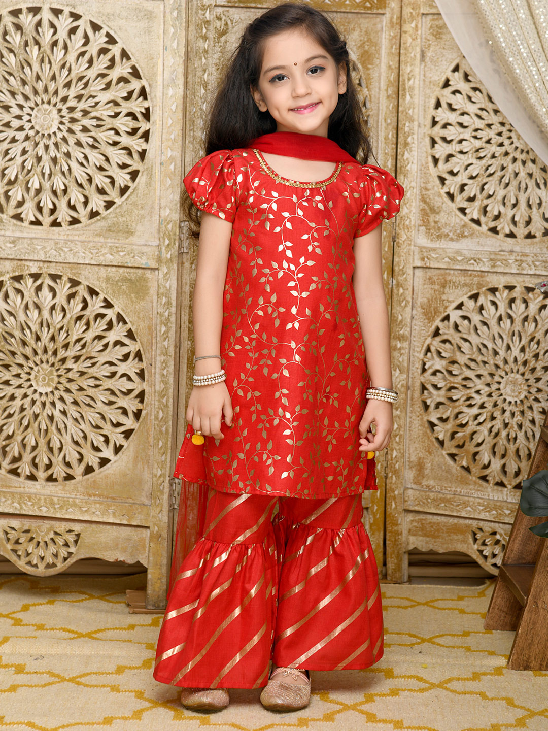 SAKA DESIGNS Girls Red Sequinned Kurti with Sharara